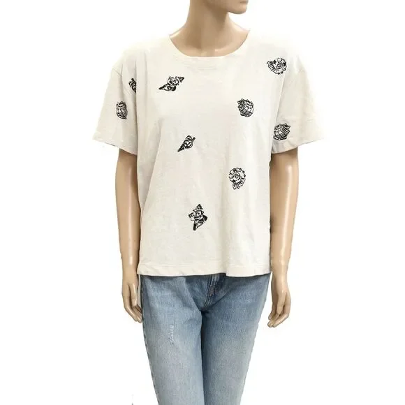 Anthropologie Maeve Embroidered Shell Short-Sleeve Sweatshirt Top L New 281991